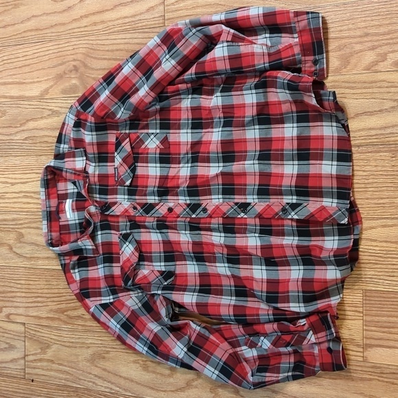 Red, black & white plaid button-down roll-tab sleeve gorpcore shirt, Columbia L - Picture 1 of 5